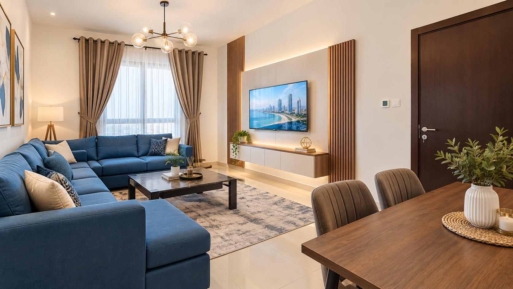 غرفة معيشة وطعام حديثة باللون الأزرق مع أثاث فاخر في City Towers عجمان
