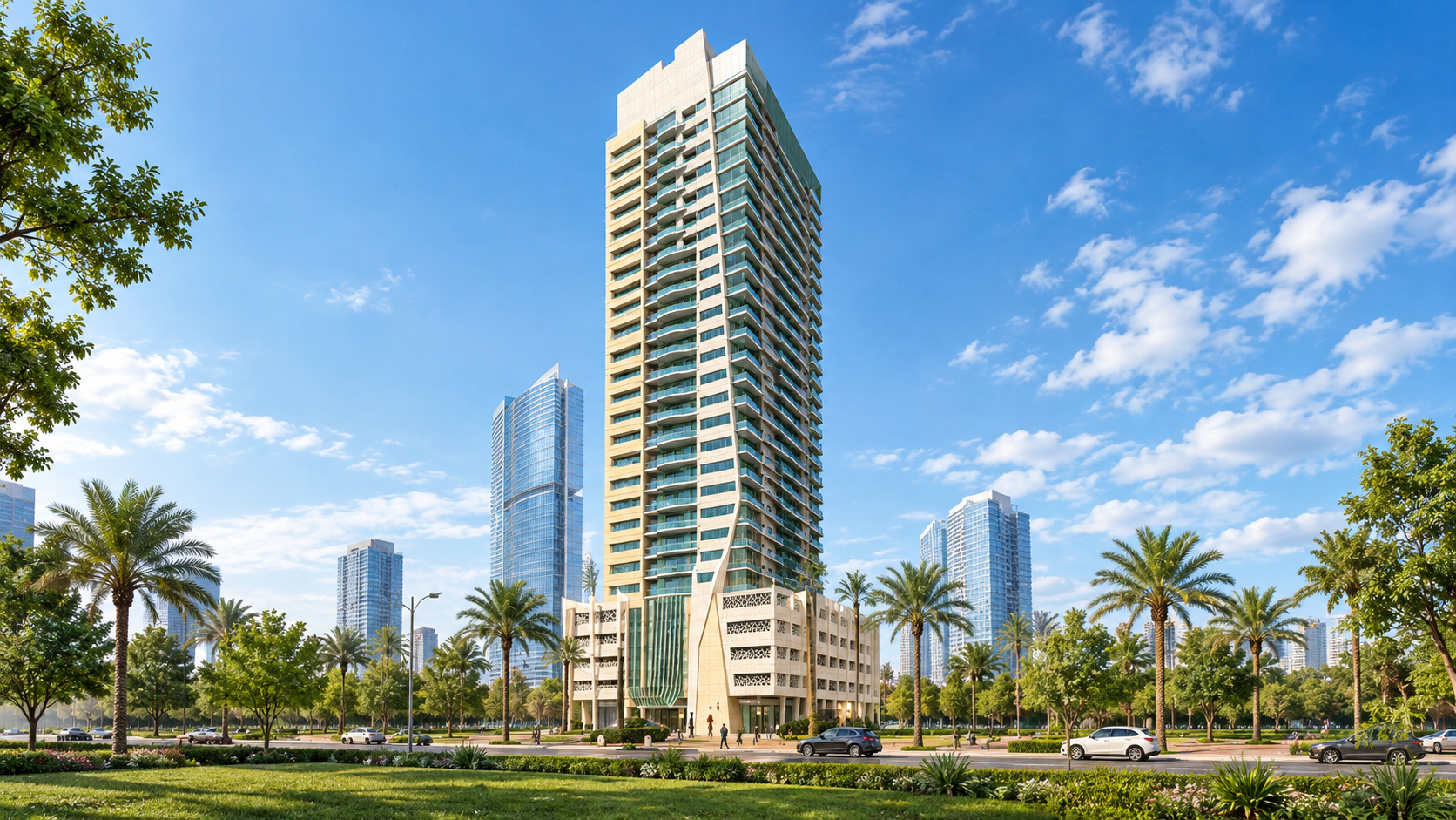 Azha Residence Views modern residential tower exterior in Al Amerah, Ajman
