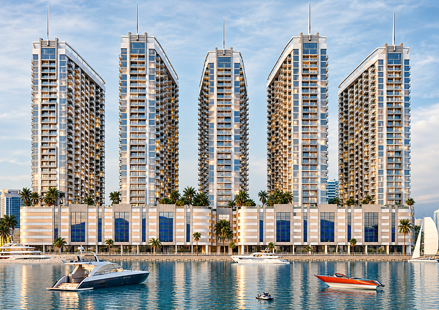 تصور معماري لأبراج Ajman Creek Waterfront Towers مع انعكاسات المرسى في الراشدية، عجمان