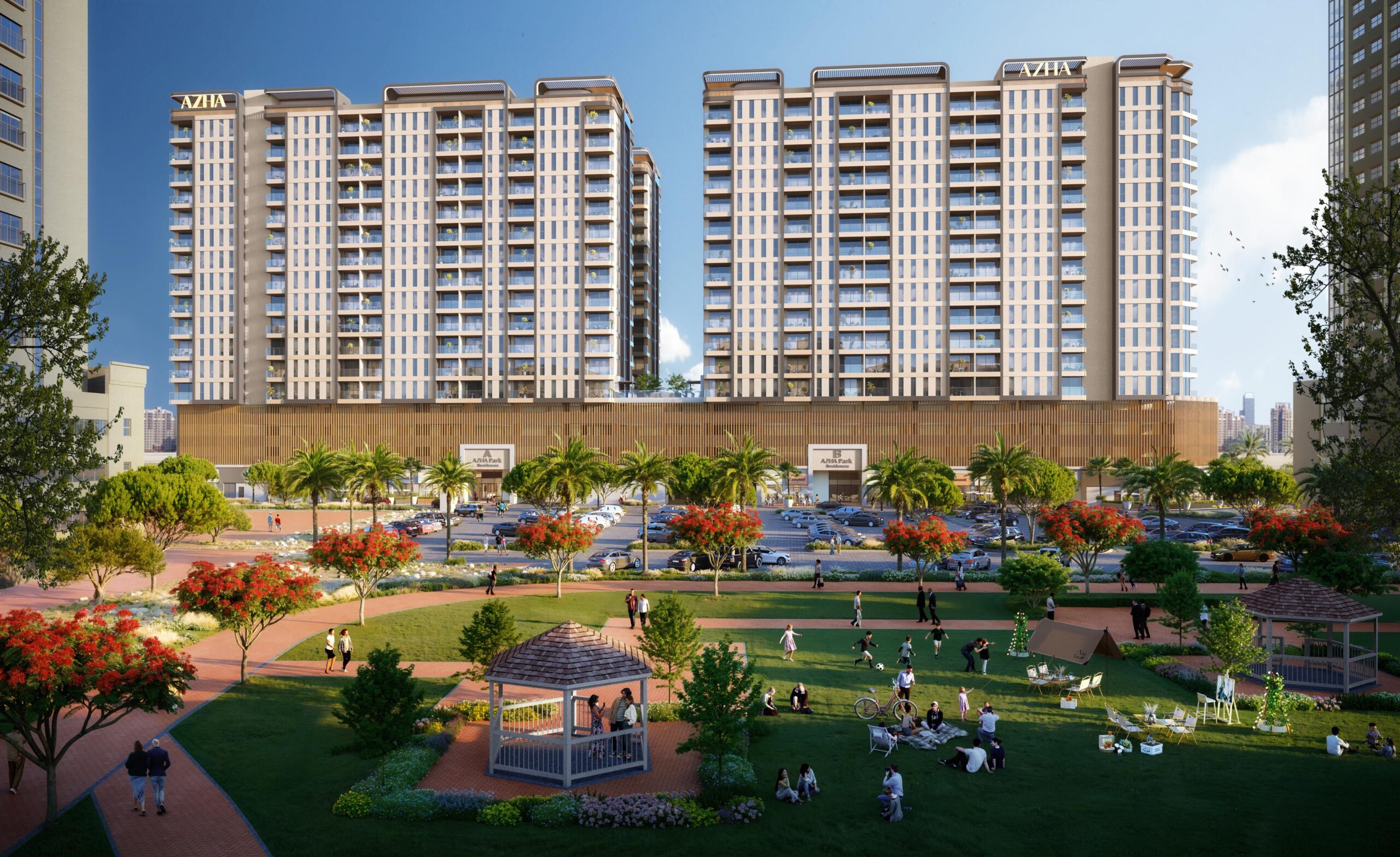 Architectural render of AZHA Park Residences in Al Amerah / Emirates City, Ajman