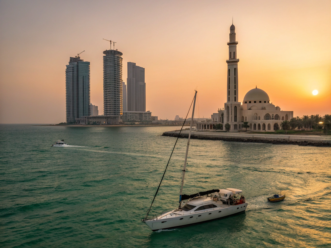 Panoramic twilight view of the Ajman coastline and residential skyline